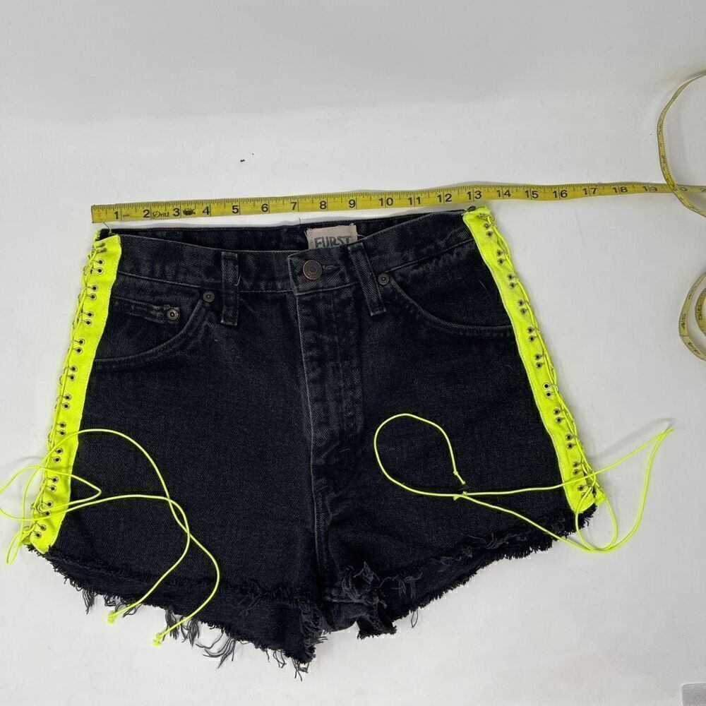 Furst of a Kind Black Neon Yellow Elastic Side Ties High Waist Denim Shorts 26
